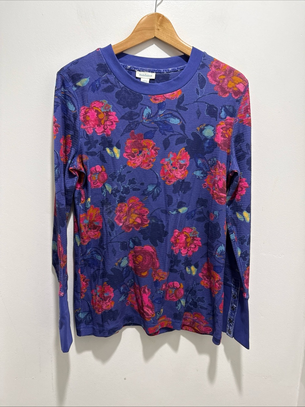 Sundance Melanie Blooms Thermal Top Women's L Purple Floral Waffle Knit Shirt